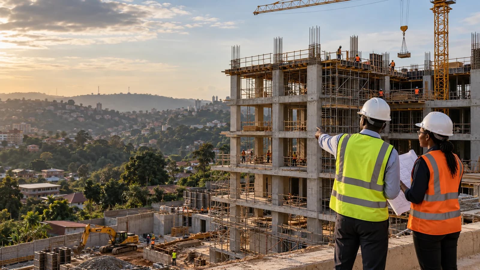 Illustration d’un chantier à Yaoundé avec des ingénieurs africains